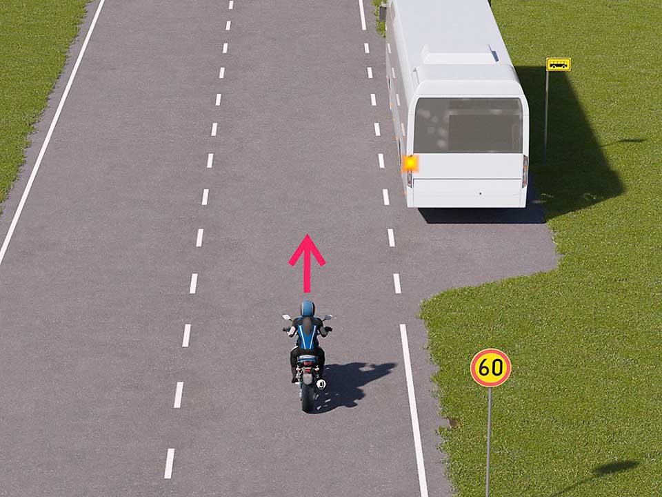 mallinnettu liikennetilanne; linja-auto on kääntymässä moottoripyöräilijän eteen pysäkiltä