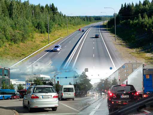 Kuvakollaasi erilaisista liikenneymp&auml;rist&ouml;ist&auml;