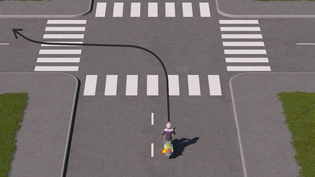 mallinnettu liikennetilanne; kaksi vierekkäin ajavaa mopoa kääntyy vasemmalle