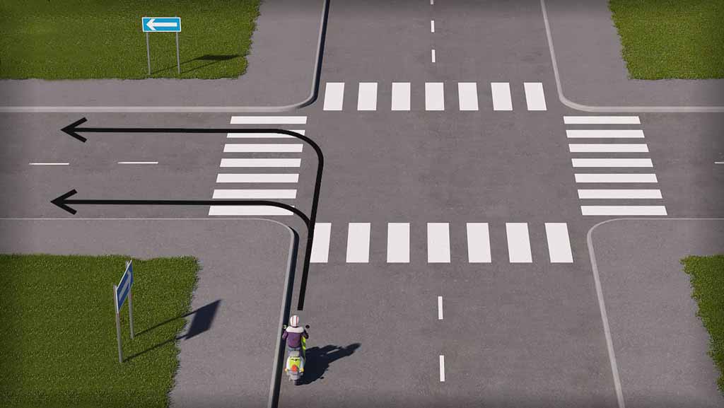 mallinnettu liikennetilanne; mopoilija kääntyy yksisuuntaiselta tieltä risteyksessä vasemmalle, missä yksisuuntaisuus jatkuu