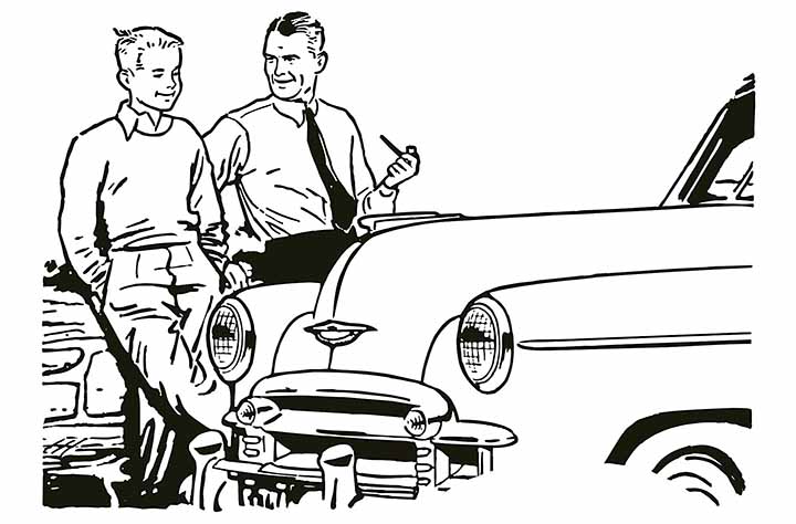 piirroskuva: 50-luvun tyylinen auto ja kaksi ajanmukaista kaveria, mahdollisesti isä ja poika
