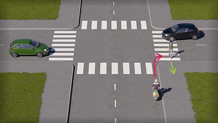 mallinnettu liikennetilanne; jalankulkija on ylittämässä suojatietä, jolle mopoilija kääntyy