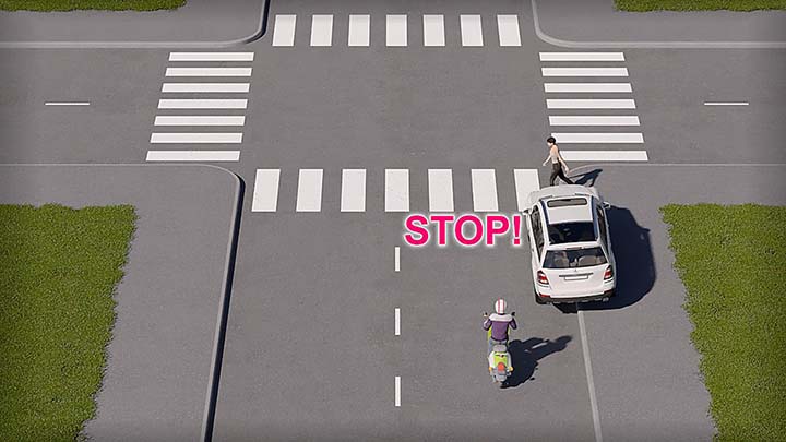 mallinnetussa kuvassa jalankulkija on astumassa suojatielle pysäytetyn auton edestä
