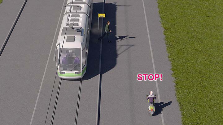 mallinnetussa kuvassa matkustaja poistuu raitiovaunusta sille kaistalle, millä mopoilija kulkee