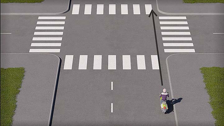 mallinnettu liikennetilanne; mopo ajaa suoraan risteyksessä