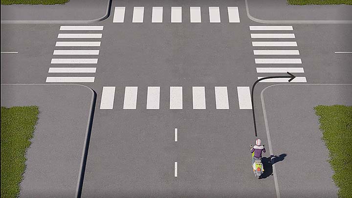 mallinnettu liikennetilanne; mopo kääntyy oikealle risteyksessä