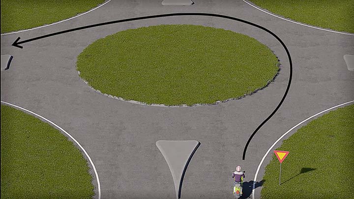 mallinnettu liikennetilanne; mopoilija tulossa kiertoliittymään