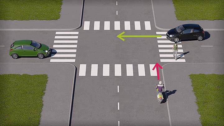 mallinnettu liikennetilanne, jossa mopoilija lähestyy risteystä