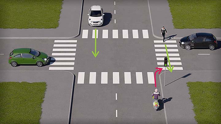 mallinnettu liikennetilanne, jossa mopoilija lähestyy valo-risteystä