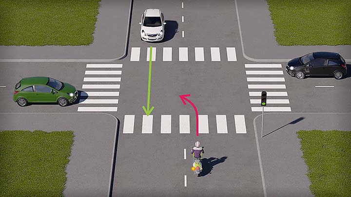 mallinnettu liikennetilanne, jossa mopoilija lähestyy valo-risteystä