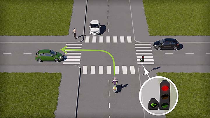mallinnettu liikennetilanne, jossa mopoilija lähestyy valo-risteystä