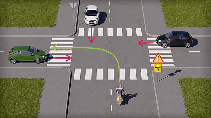 mallinnettu liikennetilanne, jossa mopoilija lähestyy risteystä etuajo-oikeutetusta suunnasta