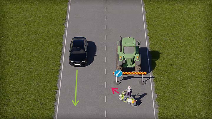 mallinnettu liikennetilanne; mopoilija joutuu odottamaan, että vastaantuleva kaista on vapaa