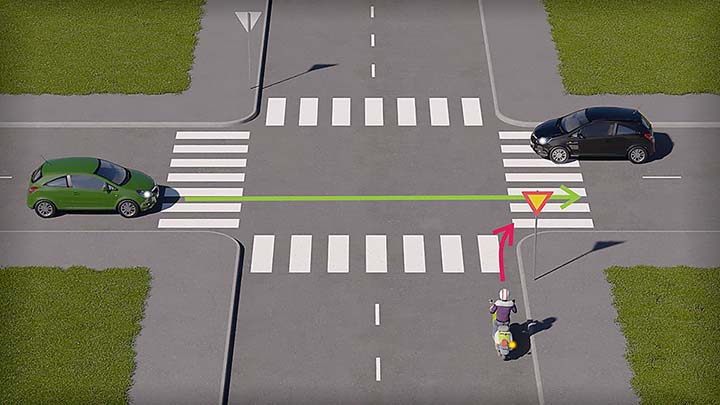 mallinnettu liikennetilanne, jossa mopoilija lähestyy risteystä kolmion takaa