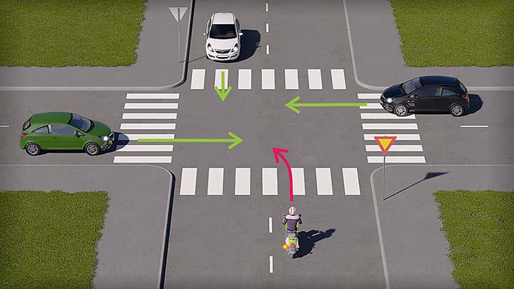 mallinnettu liikennetilanne, jossa mopoilija lähestyy risteystä kolmion takaa