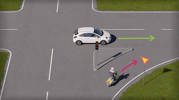 mallinnettu liikennetilanne, jossa mopoilija lähestyy risteystä kolmion takaa