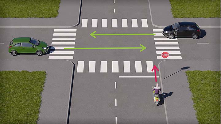 mallinnettu liikennetilanne, jossa mopoilija lähestyy risteystä pysäyttämismerkin takaa