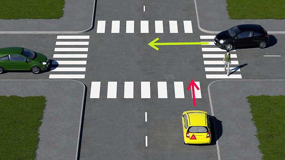 mallinnettu liikennetilanne, jossa mopoilija lähestyy risteystä