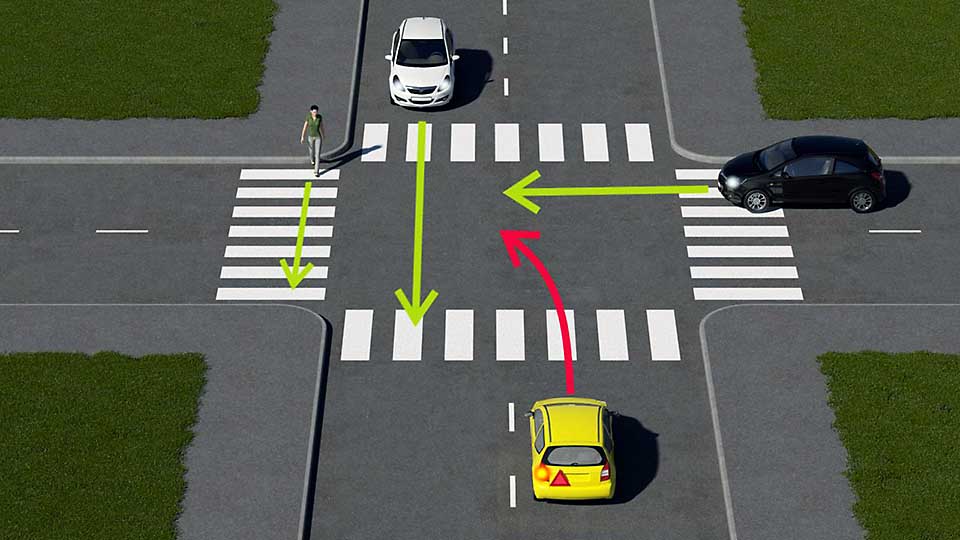 mallinnettu liikennetilanne, jossa mopoilija lähestyy risteystä