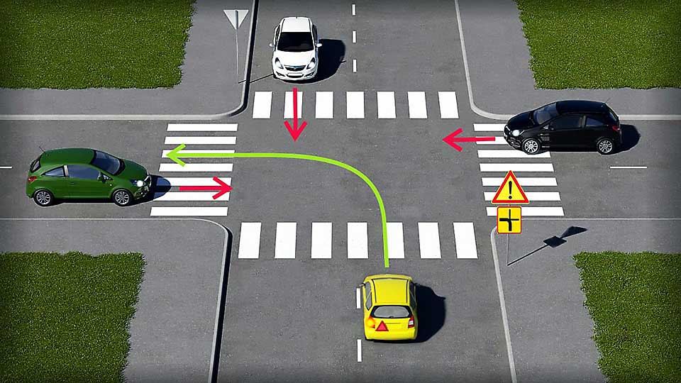 mallinnettu liikennetilanne, jossa mopoilija lähestyy risteystä etuajo-oikeutetusta suunnasta